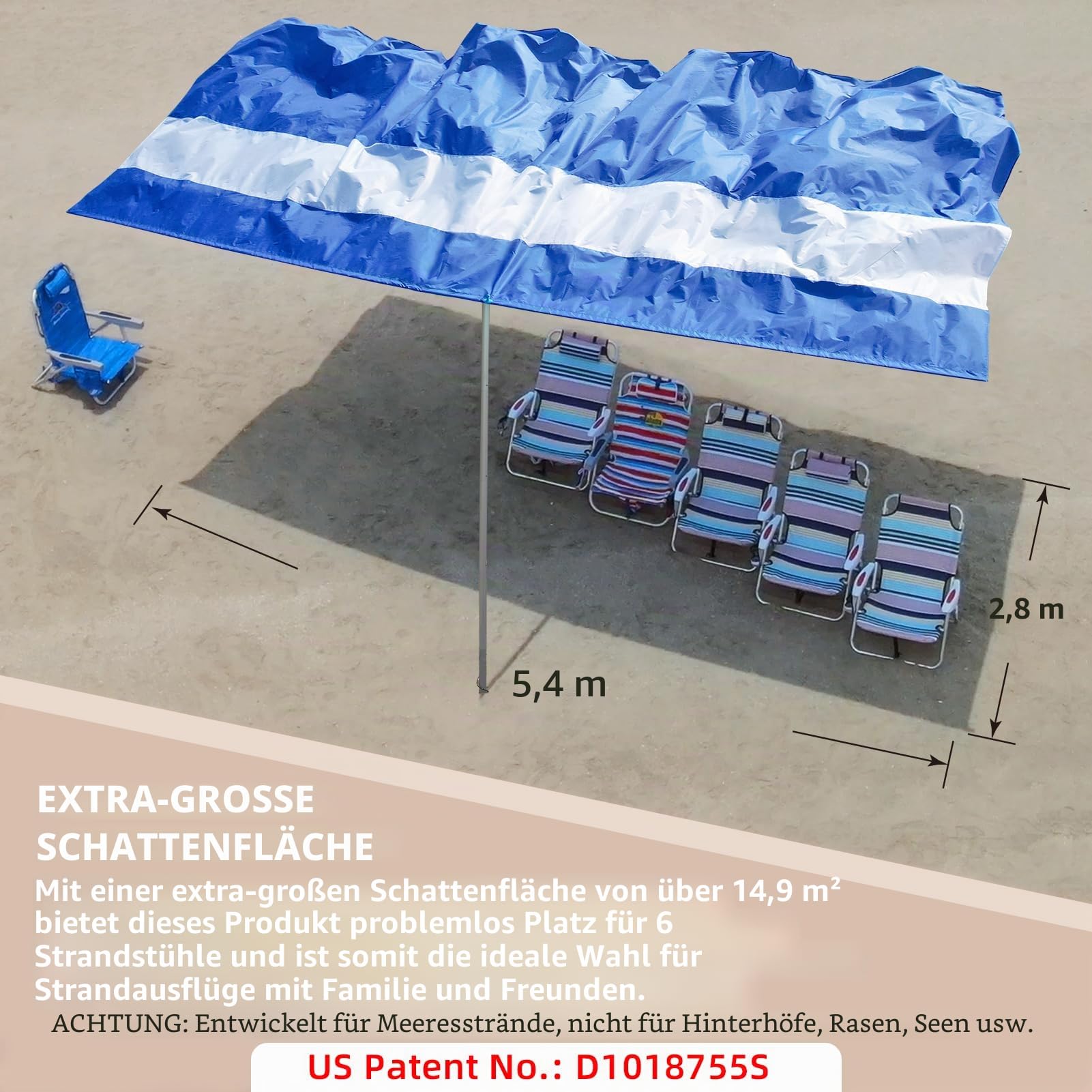 Tenrai Tragbarer Strandschirm für 6 Personen, faltbares Strandzelt, Sonnenschutz, einfach aufzubauen