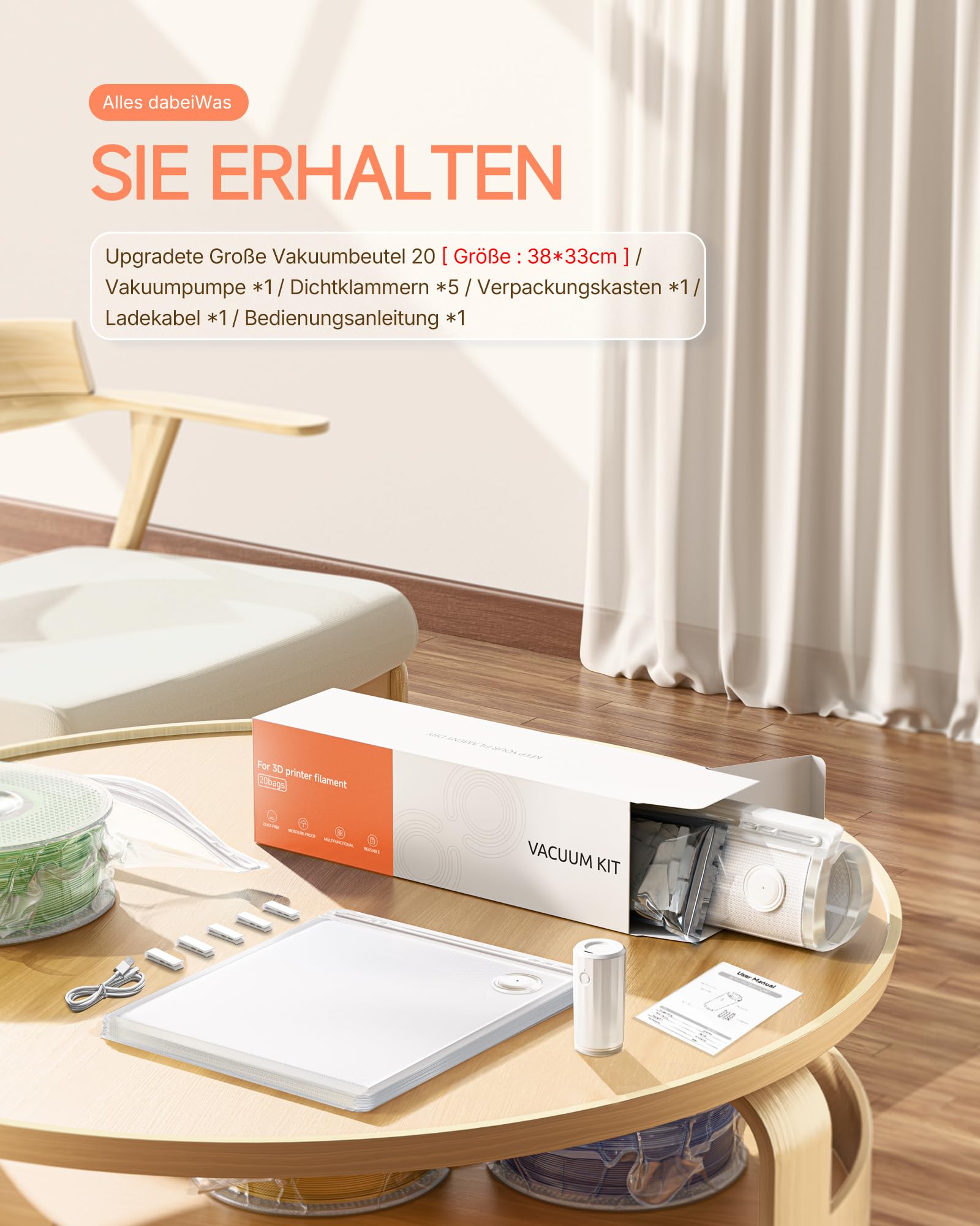 YOOPAI Vakuumbeutel-Kit für 3D-Drucker-Filament mit Automatischer Pumpe, 20 Extra Große Aufbewahrungs Beutel (38x33 cm) Kompatibel mit Bambu Lab 1.75mm Filament
