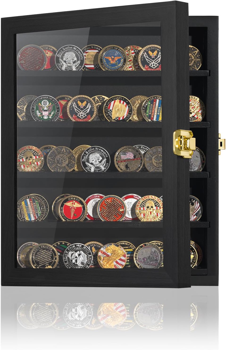Challenge Coin Display Case with American Flag - 2 Groove Shelves Military Coin Shadow Box - Ideal for Medals, Poker Chips, and Collectibles