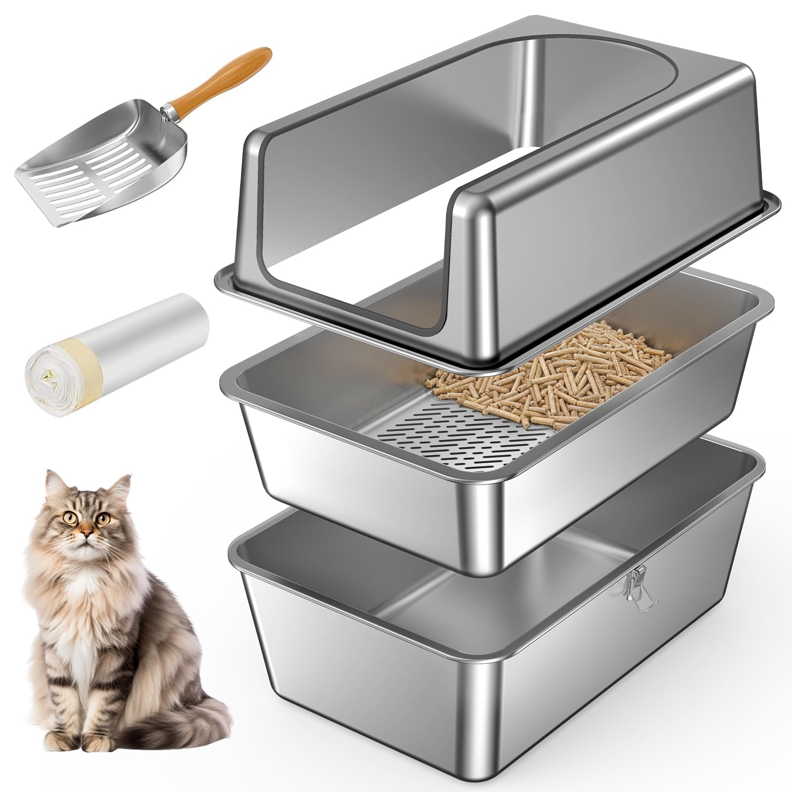 Paulmele All Stainless Steel Sifting Litter Box