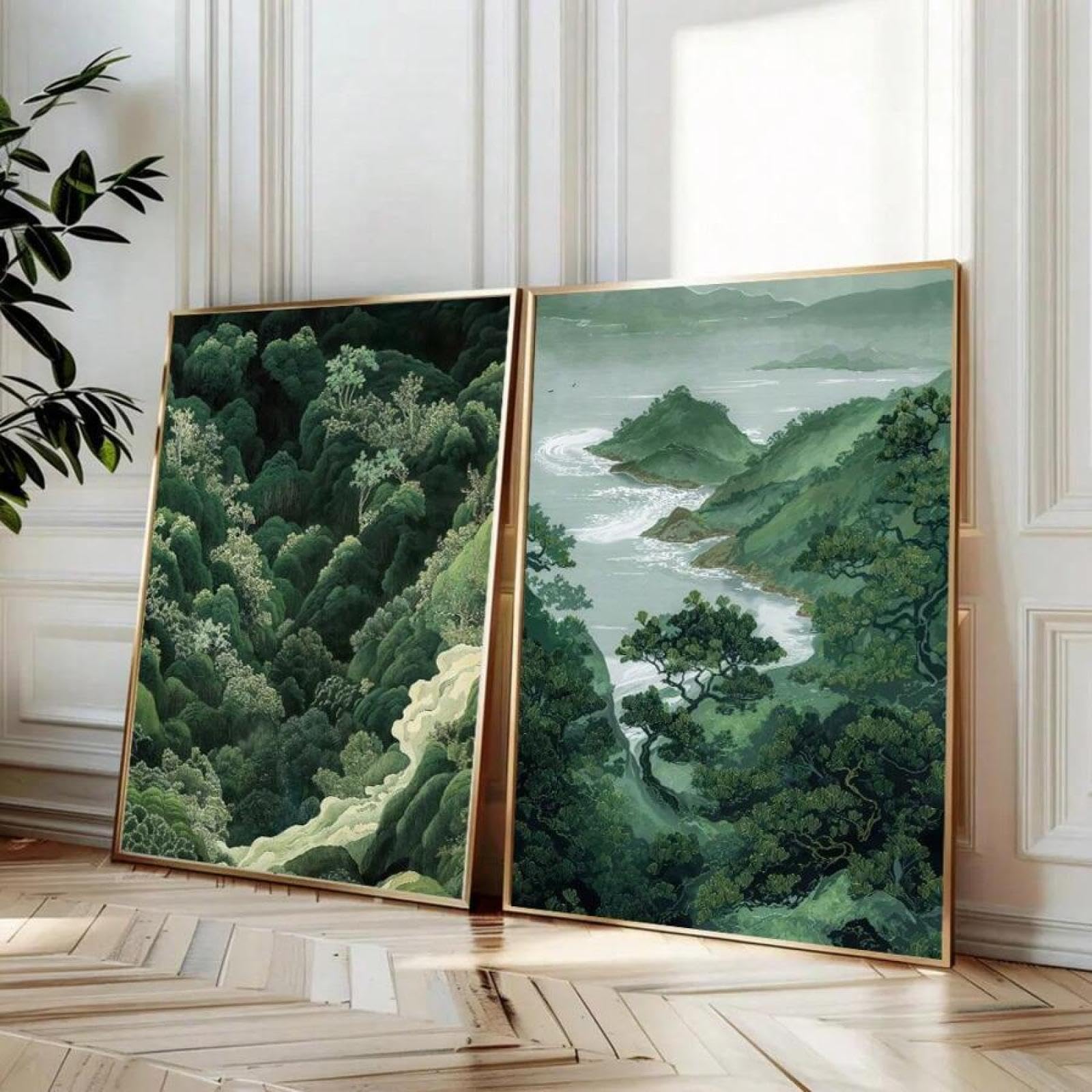 YUSUZHU Zen Green Forest Mountain Japanese Art Wall Poster Canvas Print Minimalist Japandi Wabi Sabi Abstract Landscape Painting 70x100cmx2 Withframe