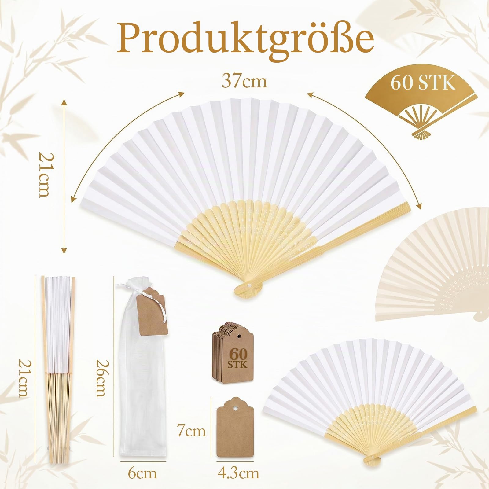 60 Stück Fächer Hochzeit, Handfächer Weiß Papier Fächer Hochzeitsfächer | Chinesische Fächer Taschenfächer Faltfächer Stofffächer für Hochzeit Party Geburttag DIY und Wand Dekoration