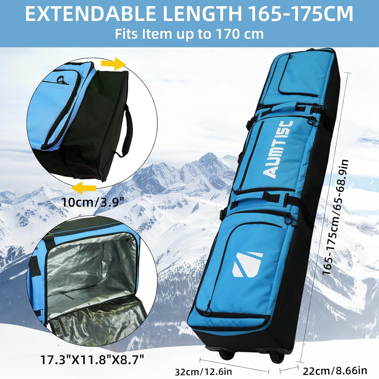 AUMTISC Padded Snowboard Bag with Wheels, Rolling Ski Bags for Air Travel with Storage Gear Pockets, Ski Luggage Bags Fits Single Board/Double Skis, Snow Board Bag Adjustable Length 165-175 cm
