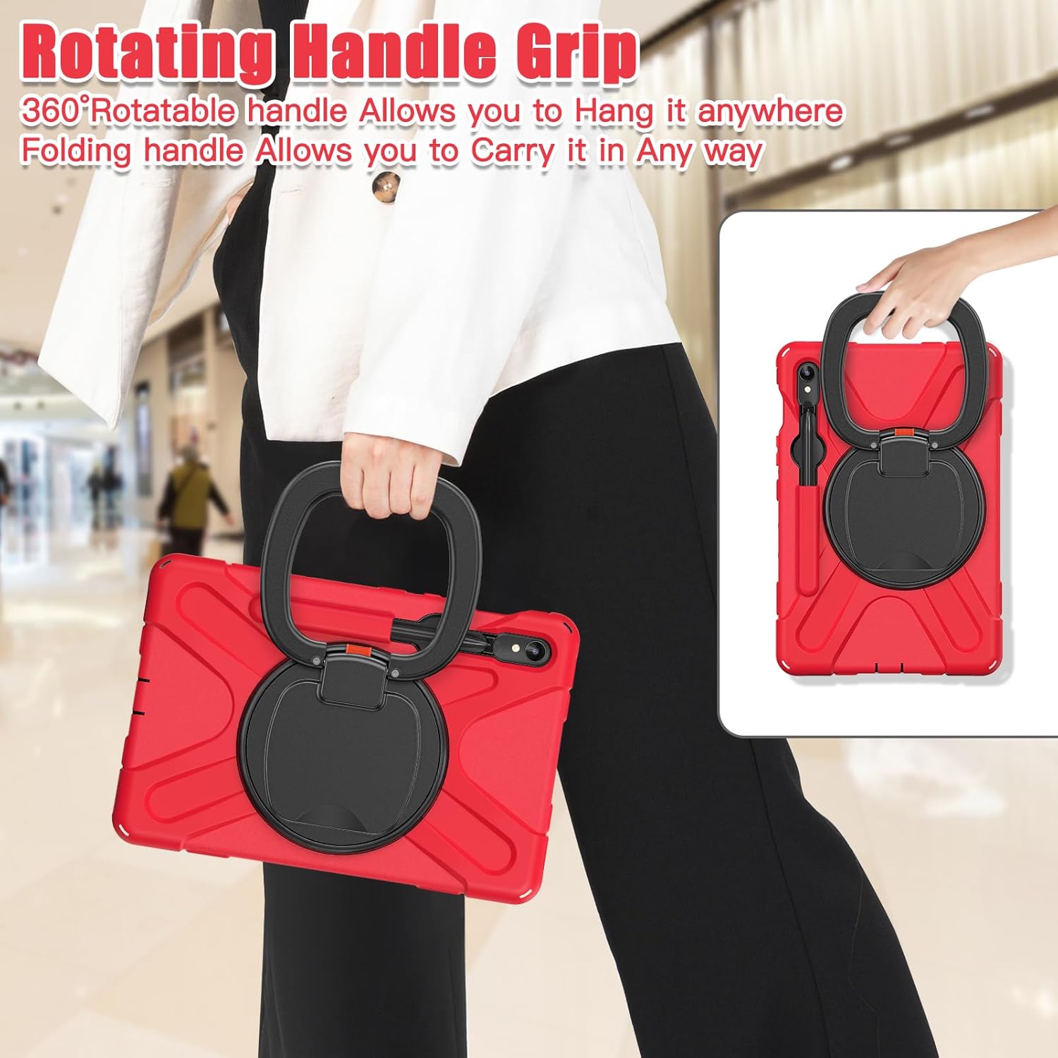 Heavy Duty Case for Galaxy Tab S10 Ultra 2024/S9 Ultra 2023/S8 Ultra 2022, Hybrid Rugged Case with S Pen Holder, Shockproof Kids Case with 360 Rotating Stand/Shoulder Strap (Red)