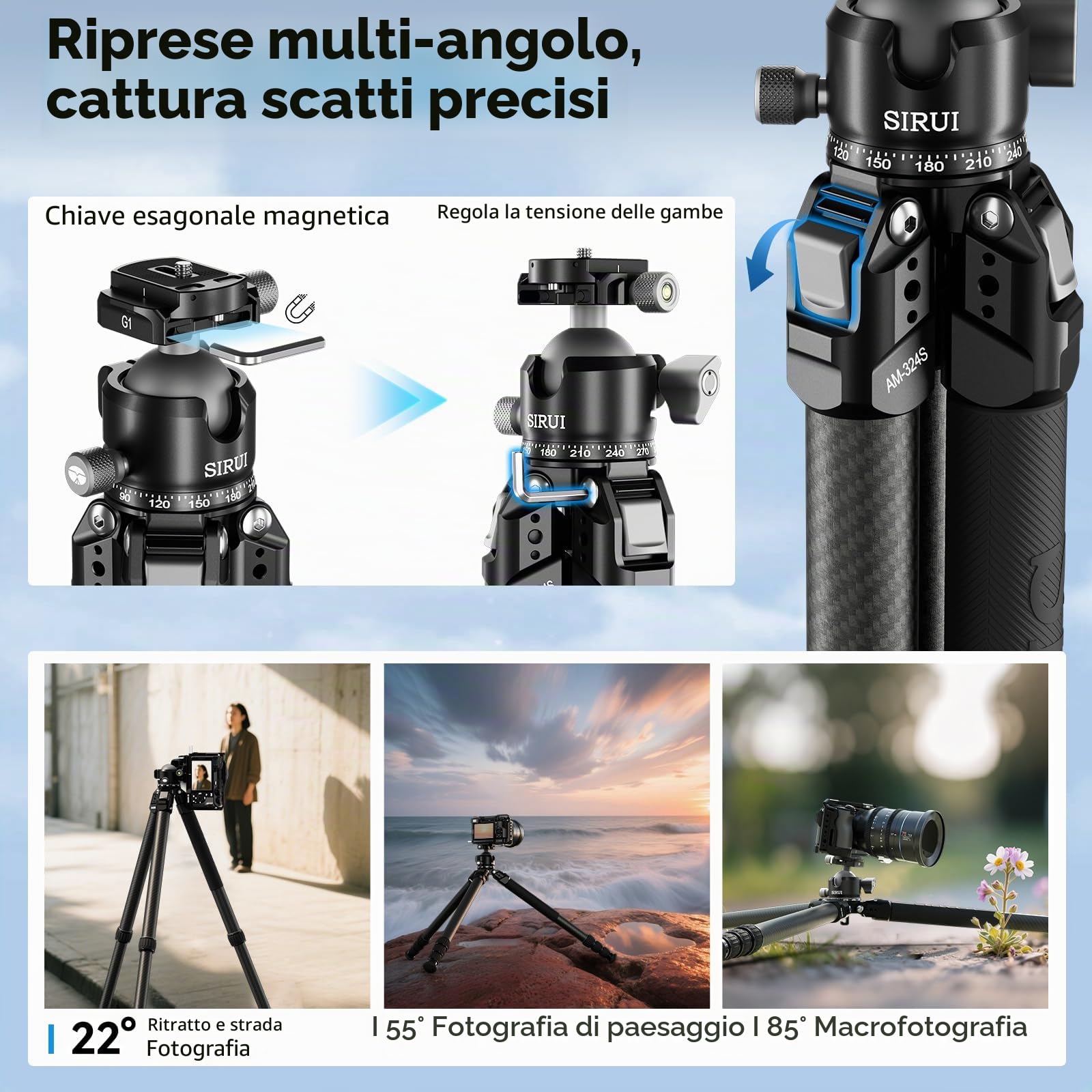 SIRUI Heavy-Duty Treppiede per Fotocamera in Fibra di Carbonio, 152CM Treppiede Professionale con 360° Testa a Sfera a Baricentro Basso, Leggero e Portatile, Carico Fino a 20KG, AM-324S+G1