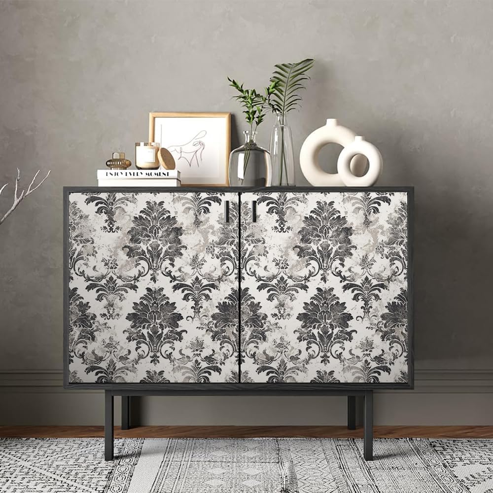REDAMANCY Ancient Black and White Damask Flower Peel and Stick Wallpaper Modern Cute Wall Paper Stick on Contact Paper Easy Peel Off for Bedroom nightstand Drawer Renter Friendly 17.7"x236"