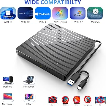 External DVD Drive USB 3.0 and Type-C Portable CD DVD +/-RW Burner Optical Drive DVD Drive External for Laptop PC Desktop MacBook iMac Windows 11/10/8/7/XP/Linux/MacOS