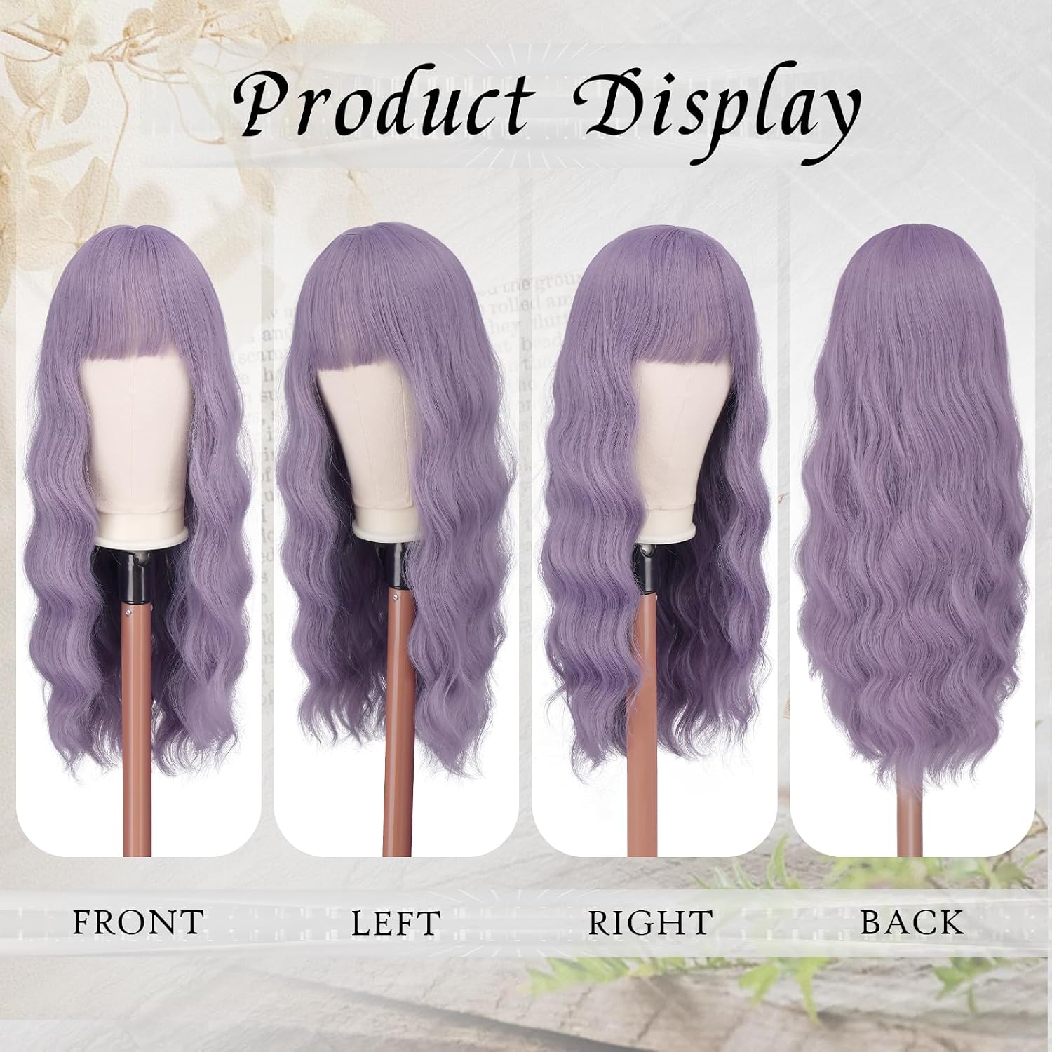 FESHFEN Purple Wig with Bangs for Women - Long Wavy Natural Looking Synthetic Hair Wigs for Daily Party Costume, 26 inch