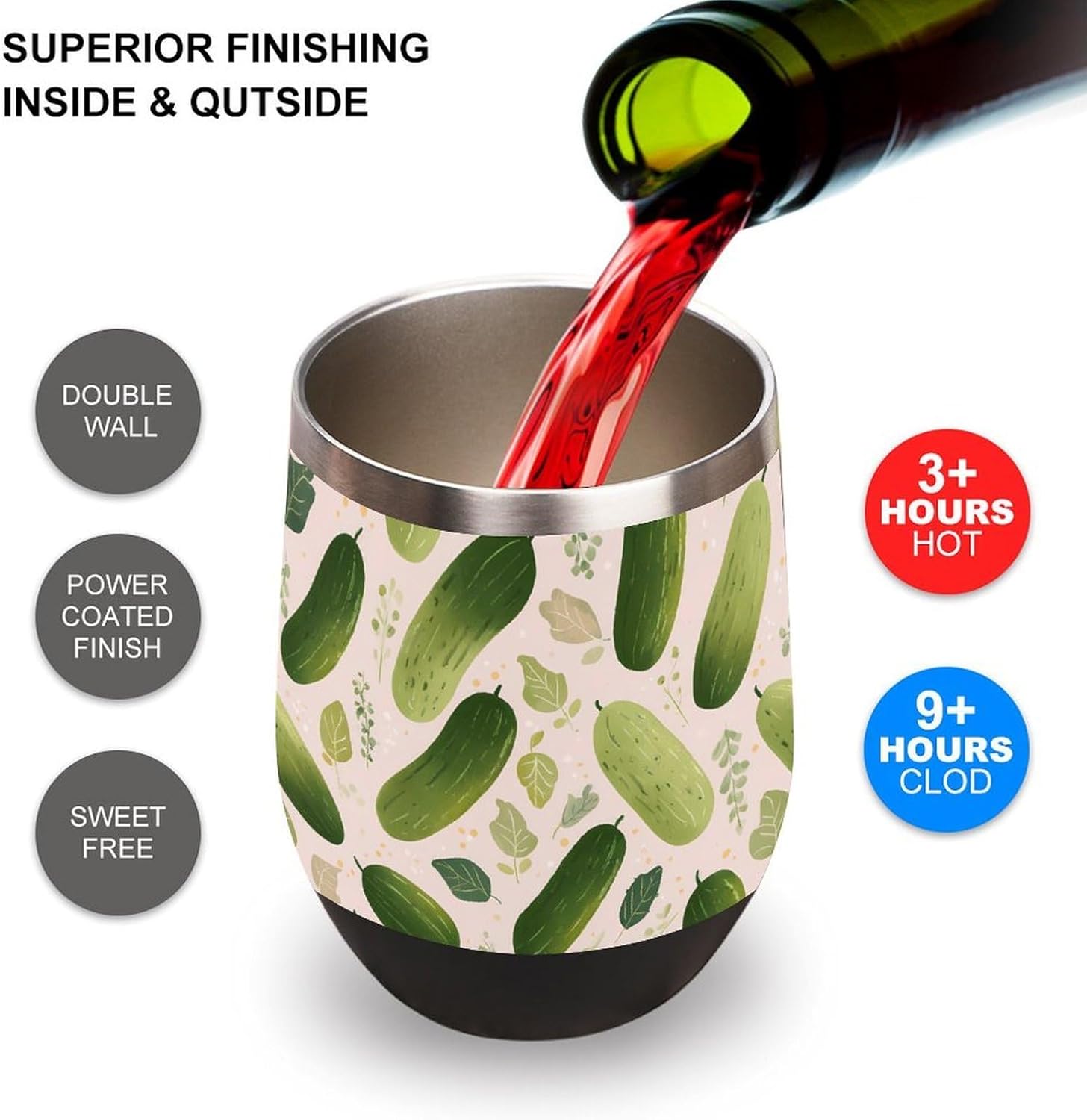 Pickles Leaves Cucumber Insulated Drinking Cup Stainless Steel Coffee Mug Wine Tumbler with Lid 12OZ