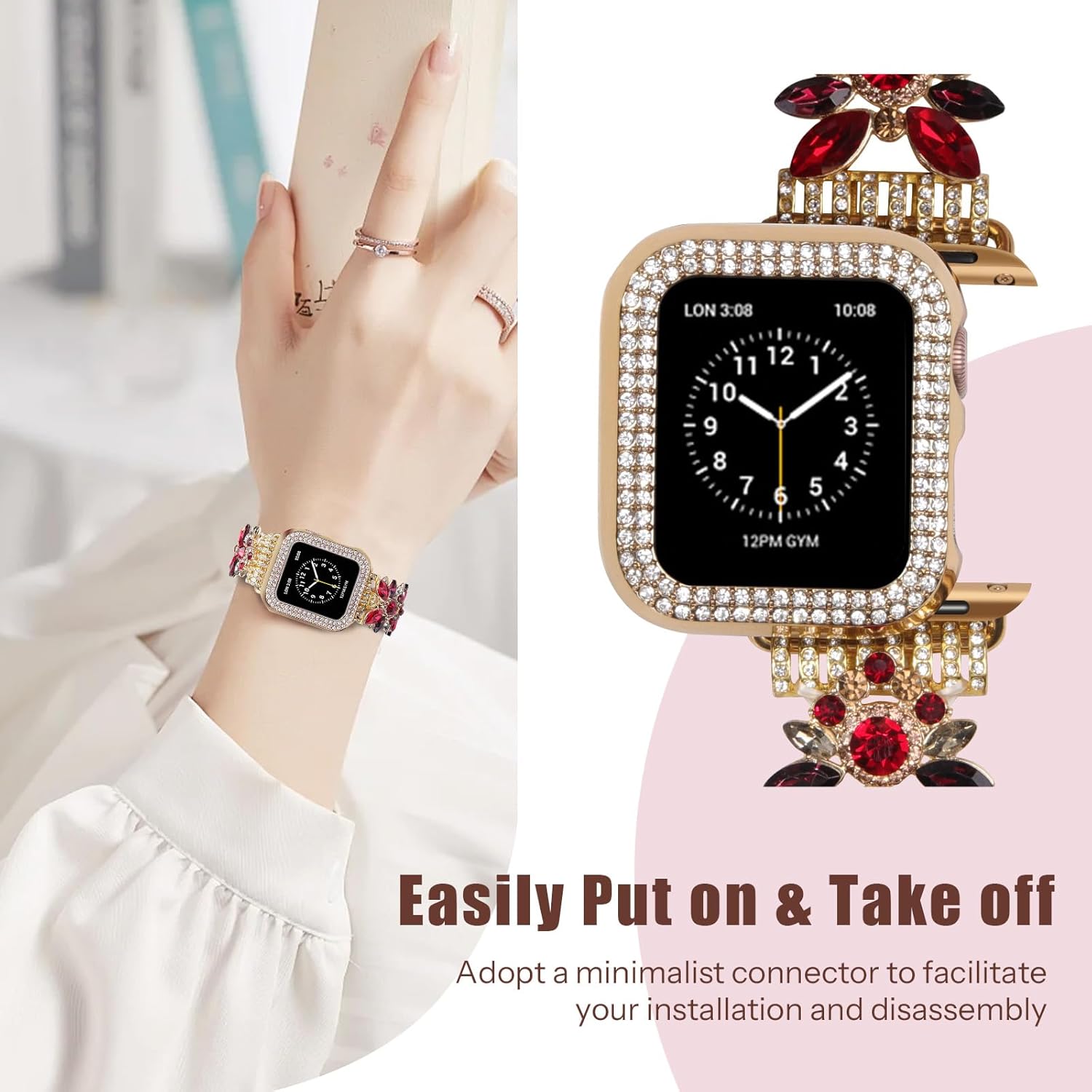 Bling Band and Case Compatible with Apple Watch Ultra 2/Ultra Band 49mm 45mm 44mm 42mm 41mm 40mm 38mm, Women Dressy Diamond Link Bracelet with Rhinestone Bumper Cover for iWatch SE 2/SE Series 9/8/7/6/5/4/3/2/1