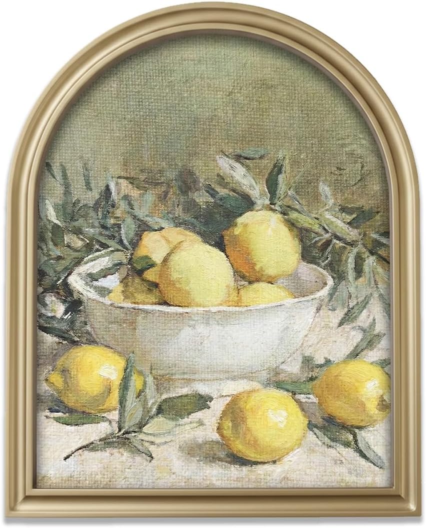TwoDays Vintage Rustic Lemon Framed Wall Art for Kitchen, Dining Room – Gold Arched Wood Frame Canvas Picture for Home Aesthetic Wall Decor, Cottagecore Farmhouse Artwork Prints (11" x 13.8")