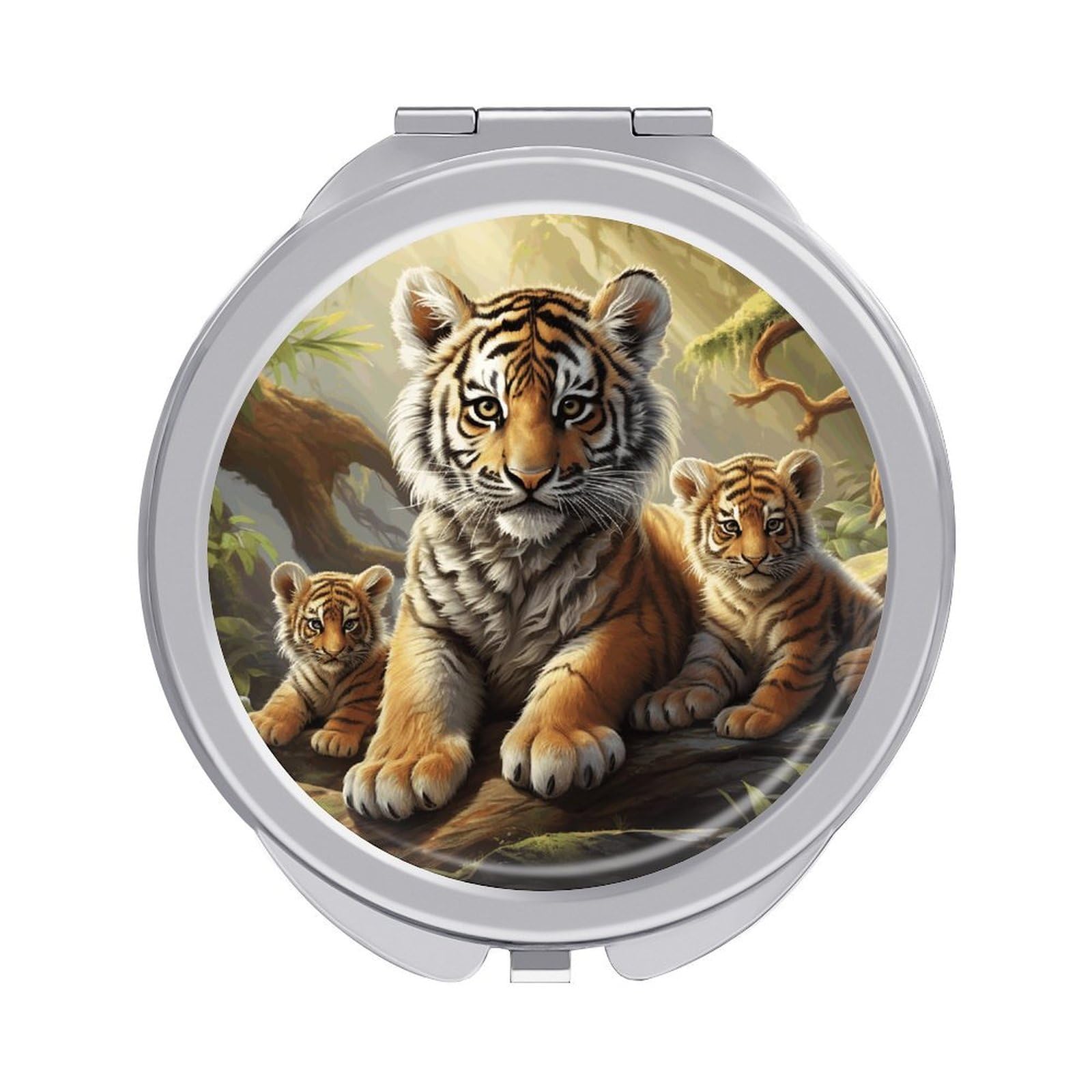 VstaDank Jungle Tigers Cub Travel Makeup Mirror Cute Compact Mirror for Women 1X/2X Magnifying Metal Pocket Makeup Mirrors Folding Round Makeup Mirrors for Handbag Wallet & Gift