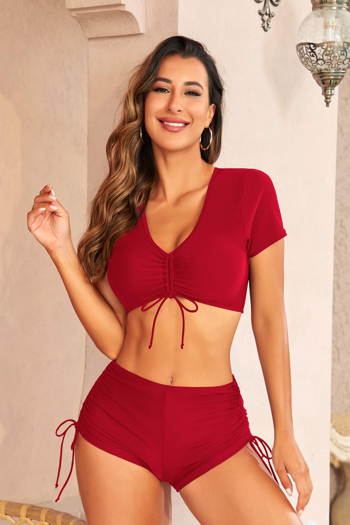 SHEKINI Women's High Waisted Bikini Set V Neck Short Sleeve Padded Drawstring Two Piece Bathing Suit Swimsuit