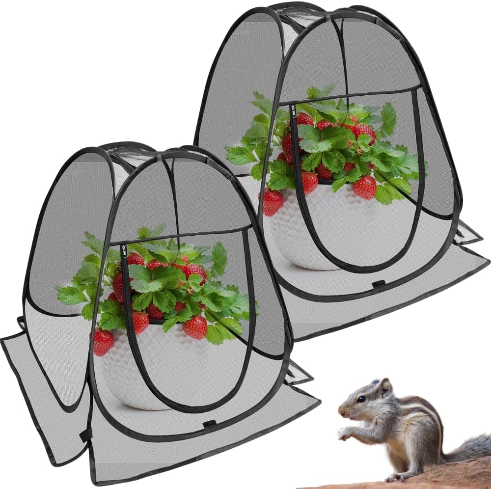 Plant Covers Pop up Gardening Net Cover,Insect Bird Barrier Netting Mesh Plant Netting Pest Guard Cover with Zip Entry for Plants, 2-Pack, Black (Black- 2 Packs)