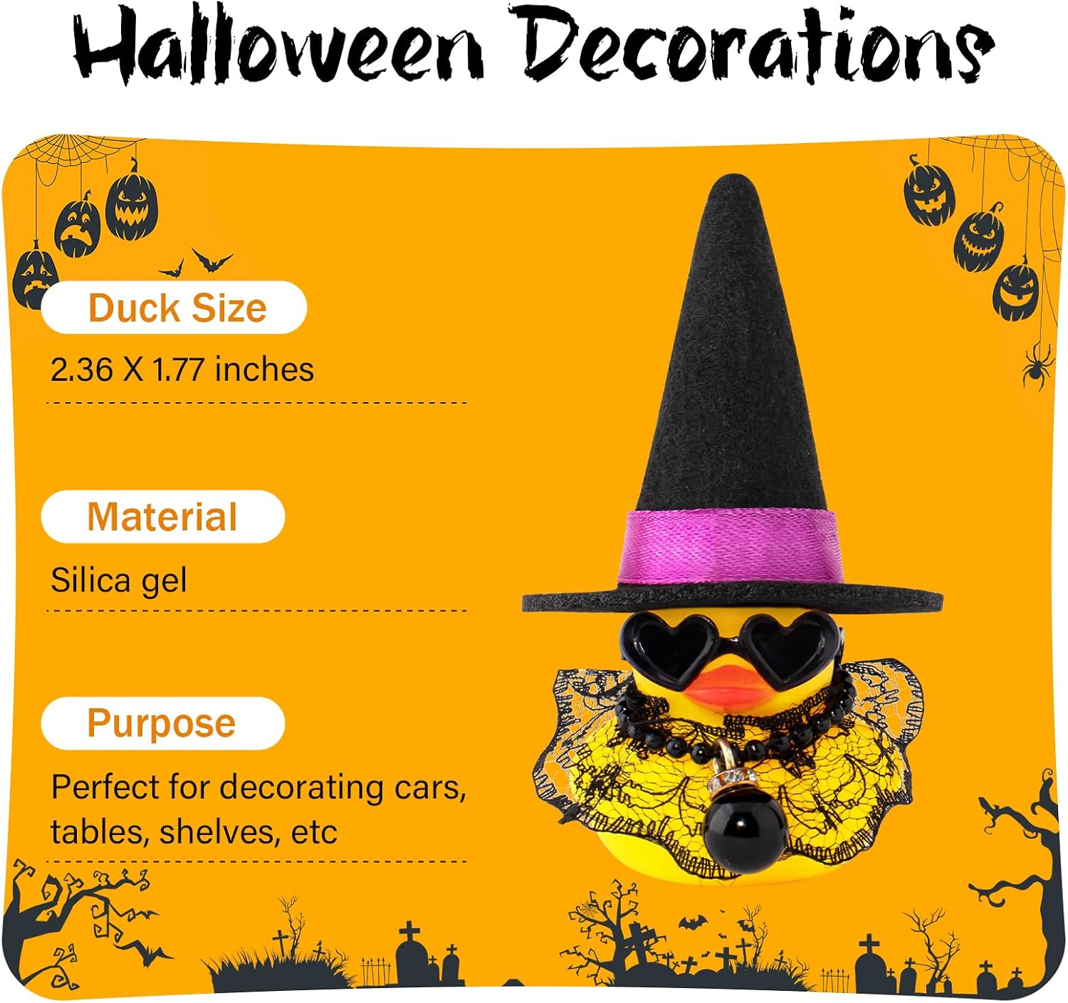 wonuu Halloween Rubber Duck Car Dashboard Decorations Halloween Decorations Indoor with Mini Witch Hat Heart Shape Sunglasses Pearl Pendant Chain (Black&Black)