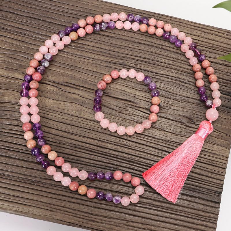 Collier de prière pour apaiser le stress en quartz rose et améthyste