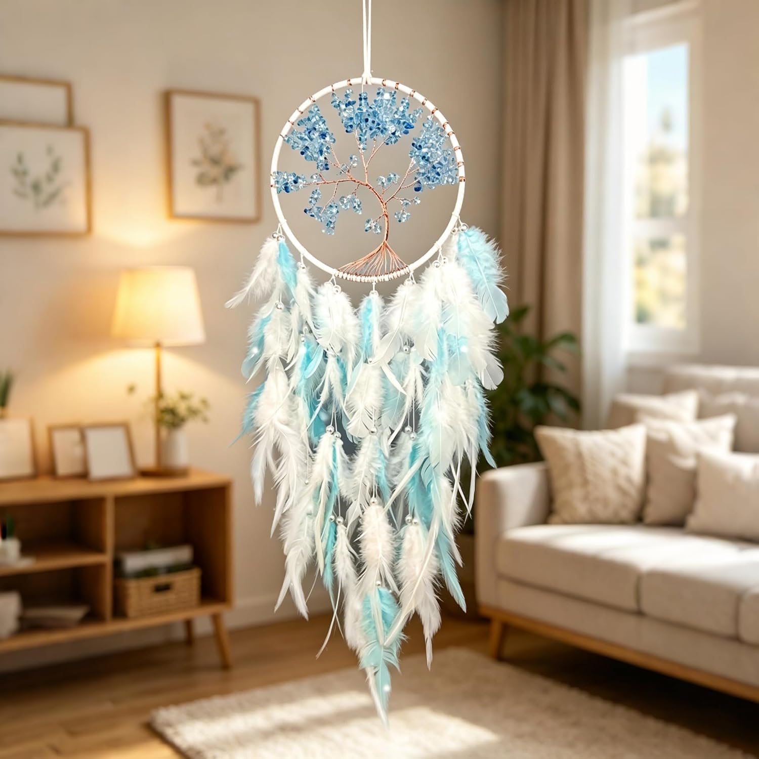 Blue Crystal Tree of Life Dream Catcher Boho Wall Hanging Decor for Bedroom, dreamcatchers Crystal Ornament