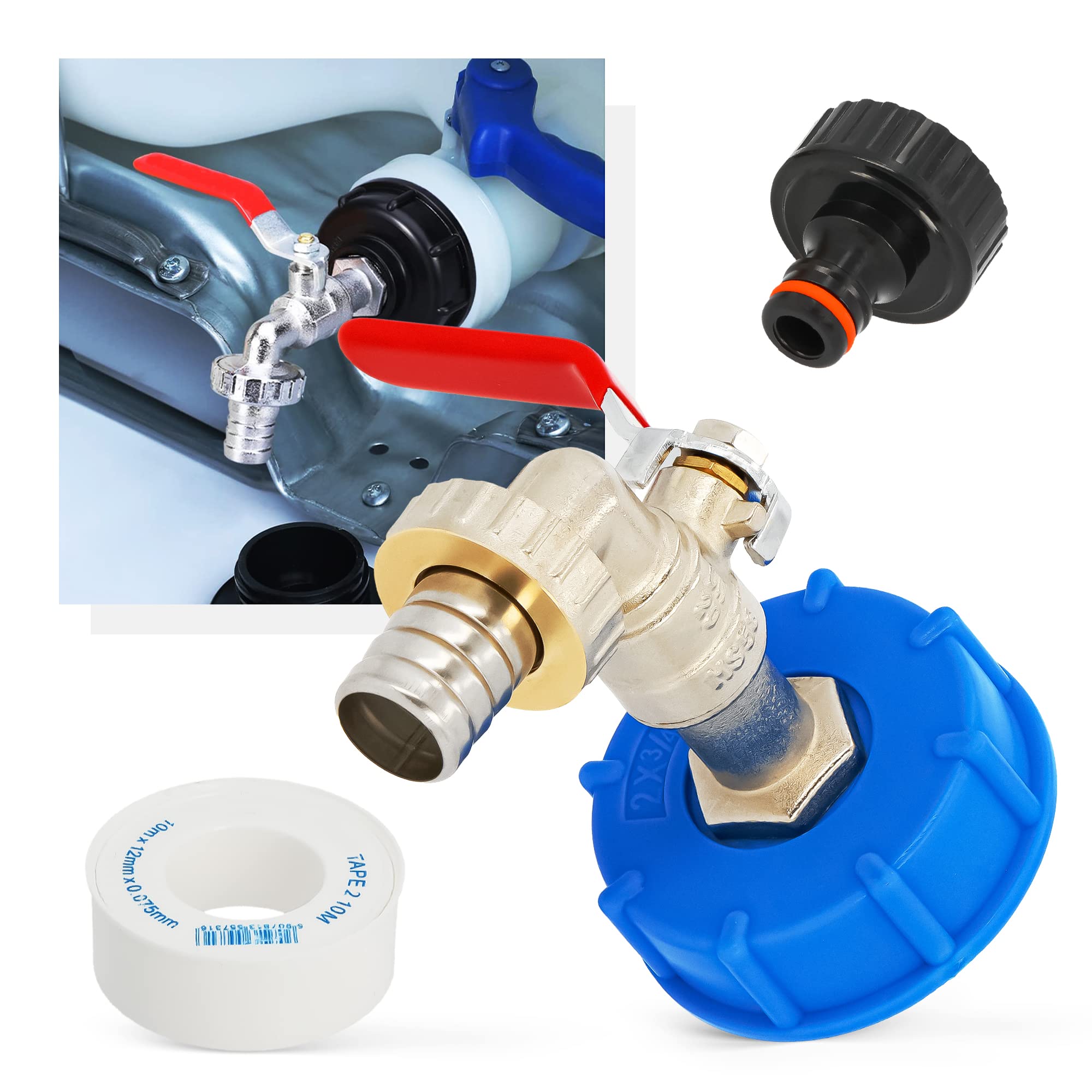 Rubinetto Cisterna dell'Acqua Piovana Raccordo del Tubo Flessibile Adattatore Connettore Serbatoio Contenitore IBC 2 x 1 Rubinetti Giardino Serbatoi