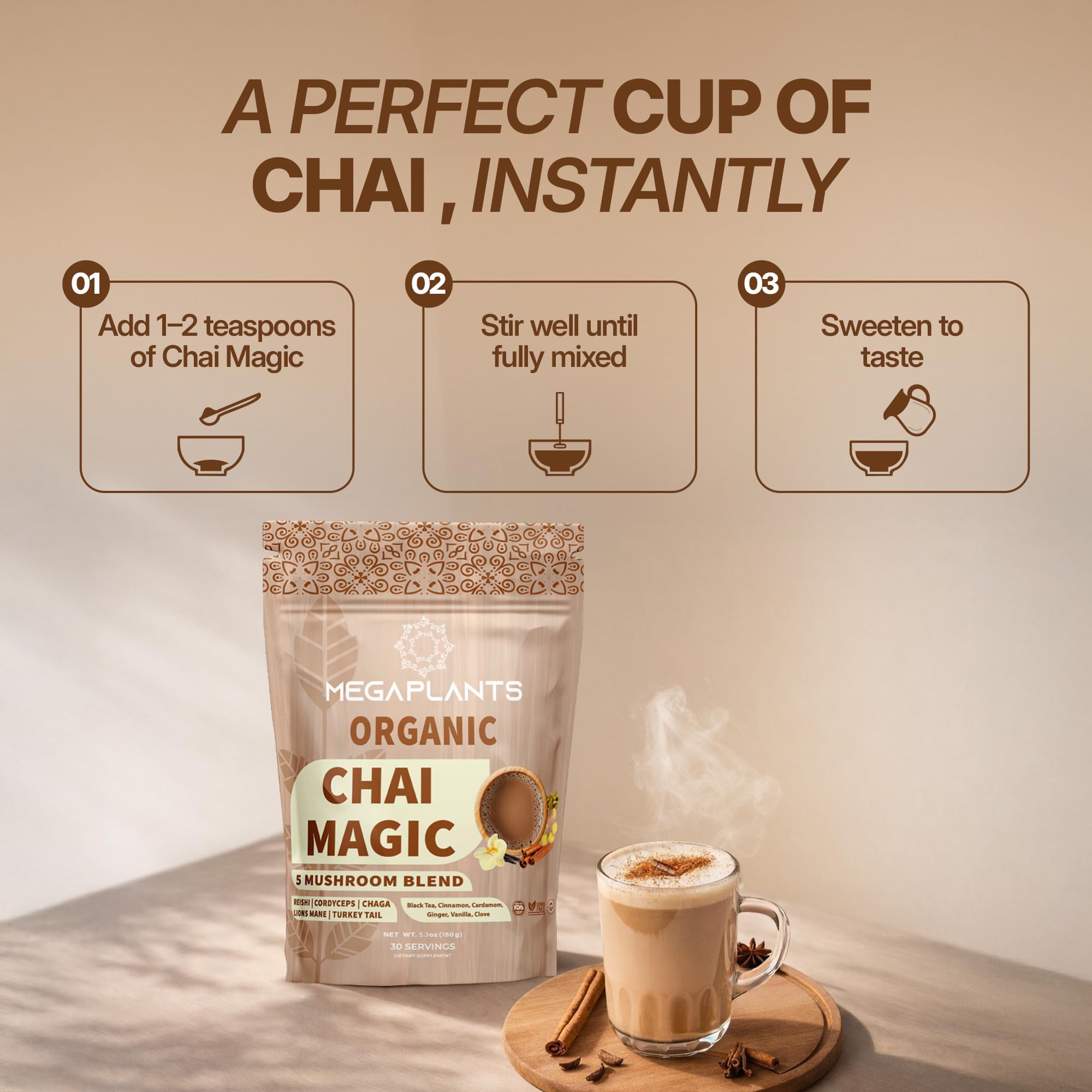 Chai Magic (30 Servings) | Superfood 5 Mushroom Powder Blend for Focus, Clarity & Energy + Spiced Masala Chai Blend | Smoothie, Coffee Alternative 5g Scoop