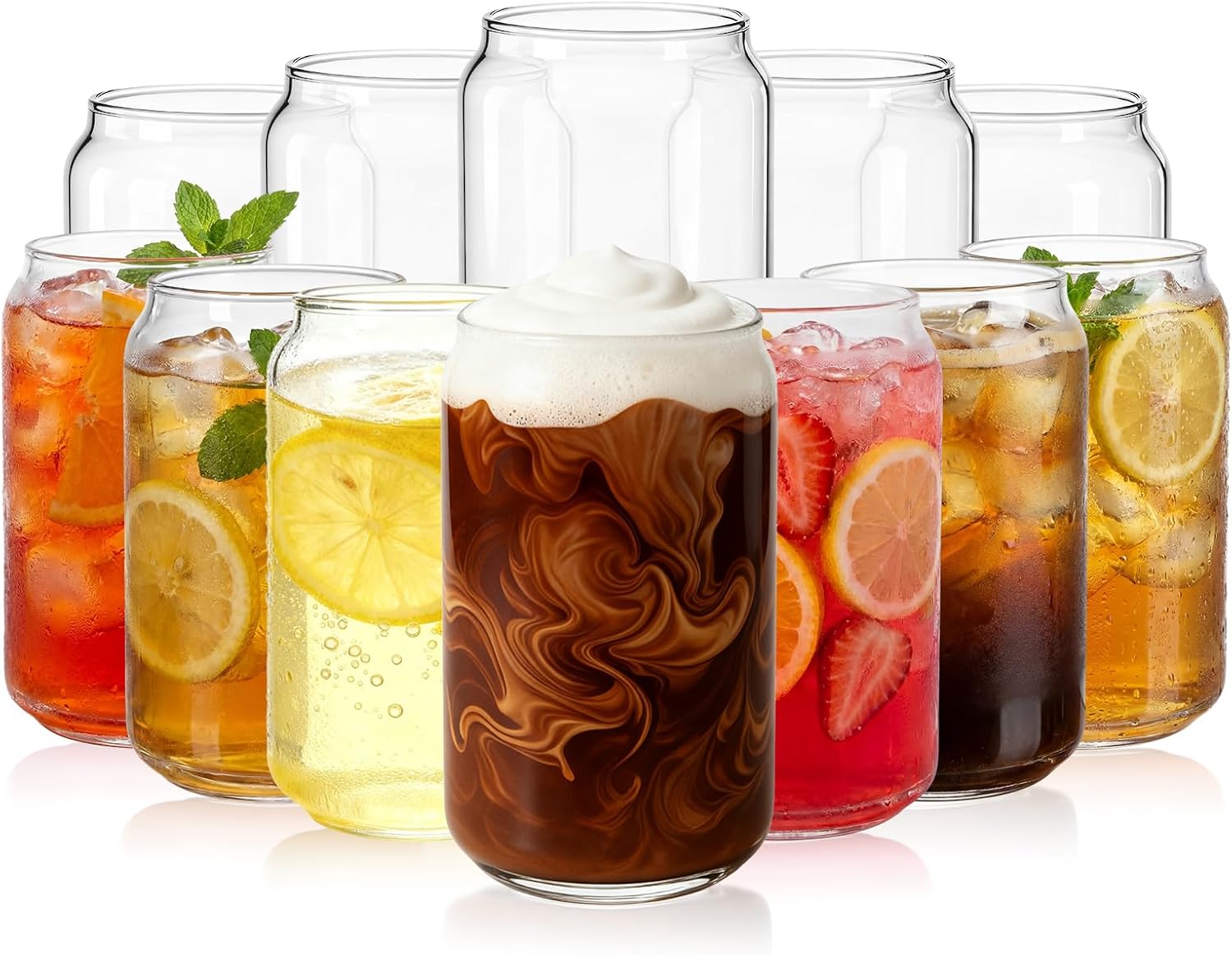 Set of 12 Can Shaped Drinking Glasses, 16 oz Beer Can Glasses, Clear Goblet Iced Coffee Tumblers Glassware for for Margarita, Beer, Cocktails, Whiskey, Soda, Tea, Water