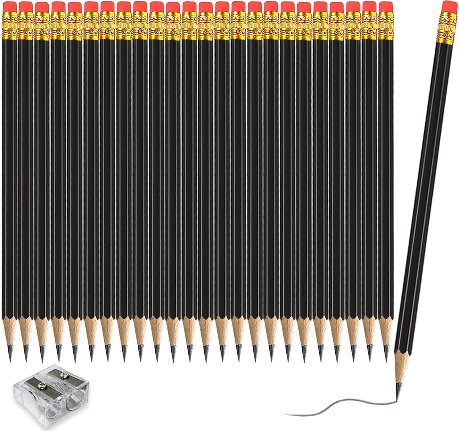 Adhere Wood-Cased pencils Pre-Sharpened 2B Pencils with Eraser, 25-Pack with free Sharpener ideal for home, office, or classroom writing (Black)