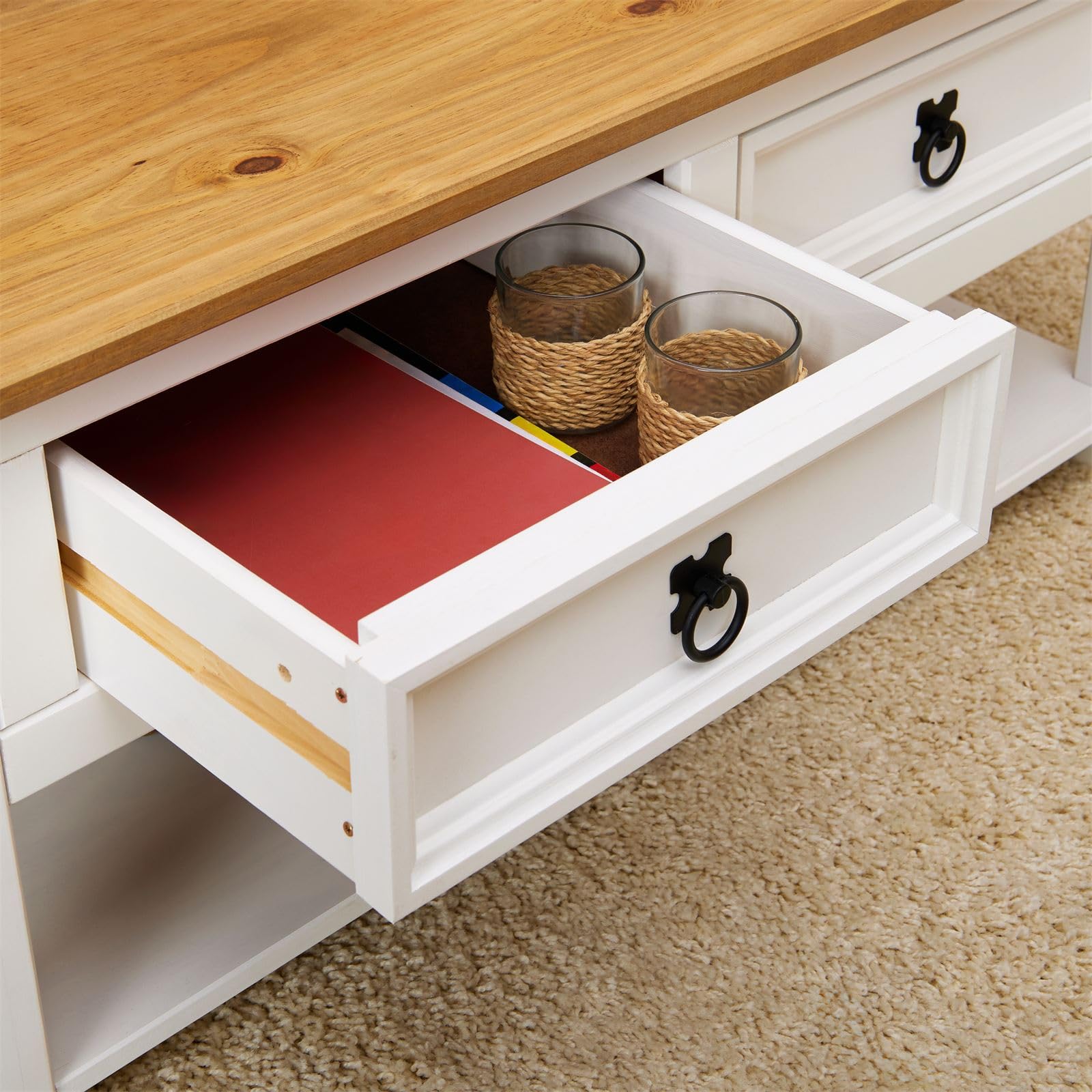 CARO-Möbel Couchtisch Campo im Mexiko-Stil Wohnzimmertisch Beistelltisch Kiefer massiv, braun/weiß lackiert mit 2 Schublade