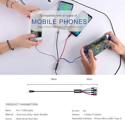 Miniatura 4 de SDBAUX Cable de carga USB A múltiple, USB A a 4 en 1, adaptador de cable de carga rápida USB dual IP tipo C Micro USB conectores compatibles con