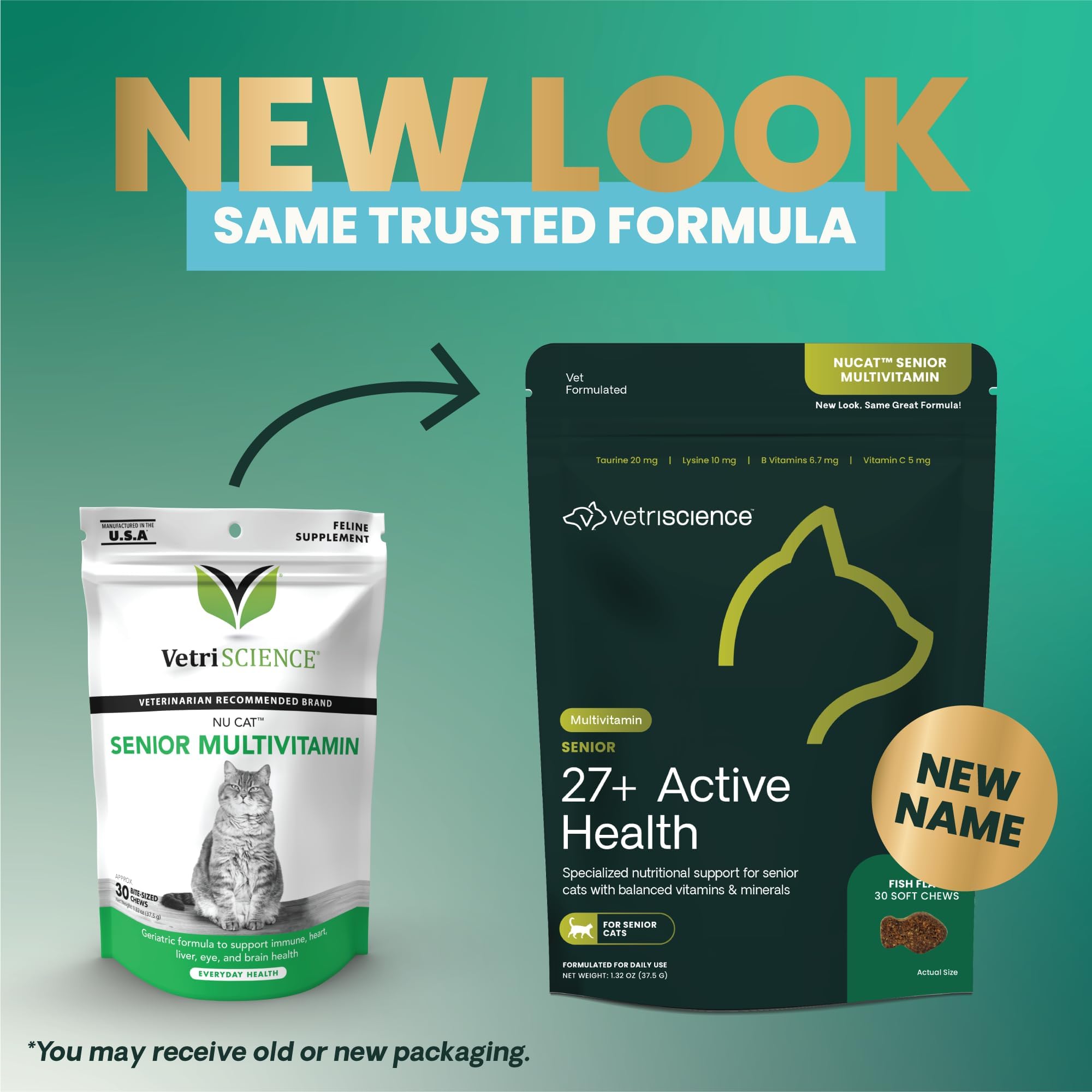 VetriScience Nu Cat Senior Multivitamin with Lysine for Cats - 30 Chews - Cat Supplements & Vitamins Designed to Support Heart, Eye and Brain Function, Immunity and Liver Health in Senior Cats​