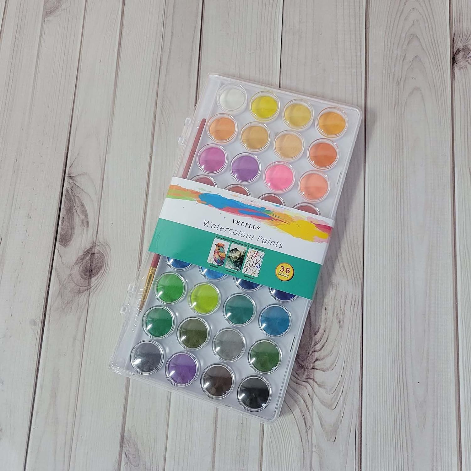 VET.PLUS 36 Colors Watercolour Paints, Watercolor Cake Set with Brush, Washable, Perfect Tool for Card Making, Illustrations, Painting, Calligraphy