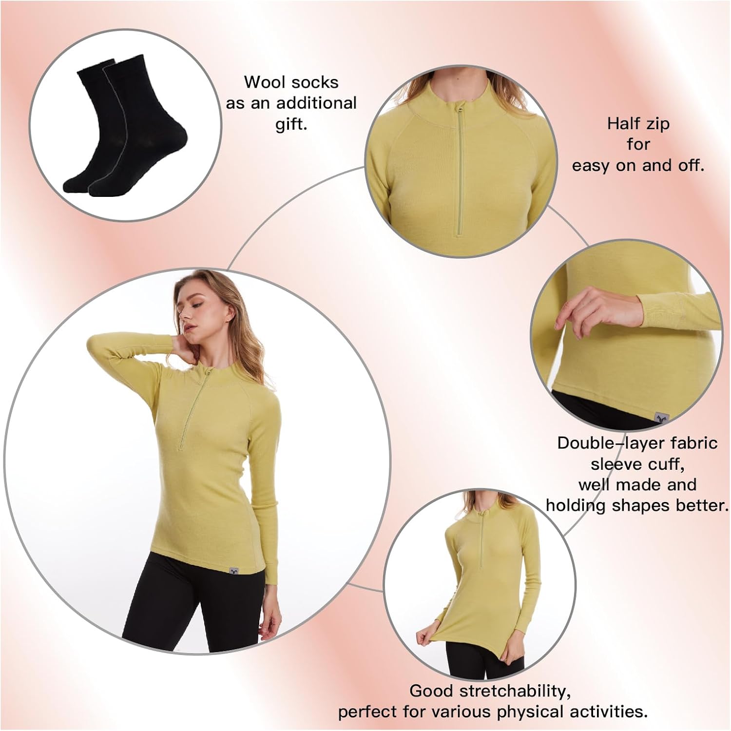 MERINNOVATION Merino Wool Base Layer for Womens - Wool Half Zip Sweater Long Sleeve Midweight Quarter Zip Women Shirt - Image 3