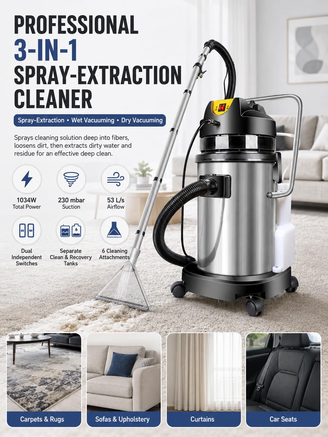 Máquina de Limpieza de Alfombras 3 en 1, Inyector Extractor Profesional 30L | Boquilla Grande, Cabezal para Tapicerías, Cepillos, Boquilla Estrecha y Escobilla para Alfombras, Sofás, Suelos y Coches