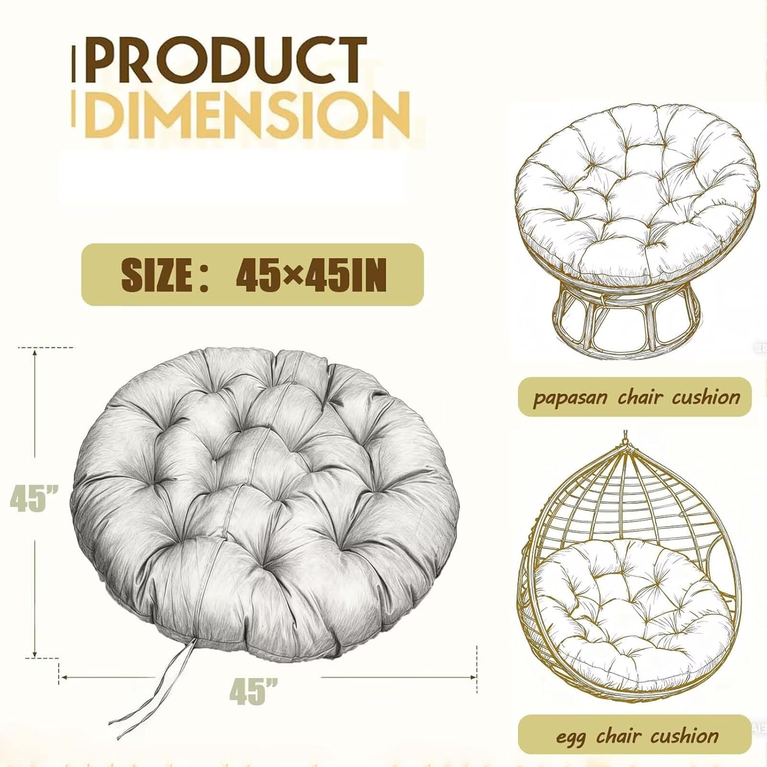 Waterproof Papasan Chair Cushions Outdoor Soft Circle Papasan Chair Cushion with Ties for Oval Saucer Egg Chairs Black 45X45in