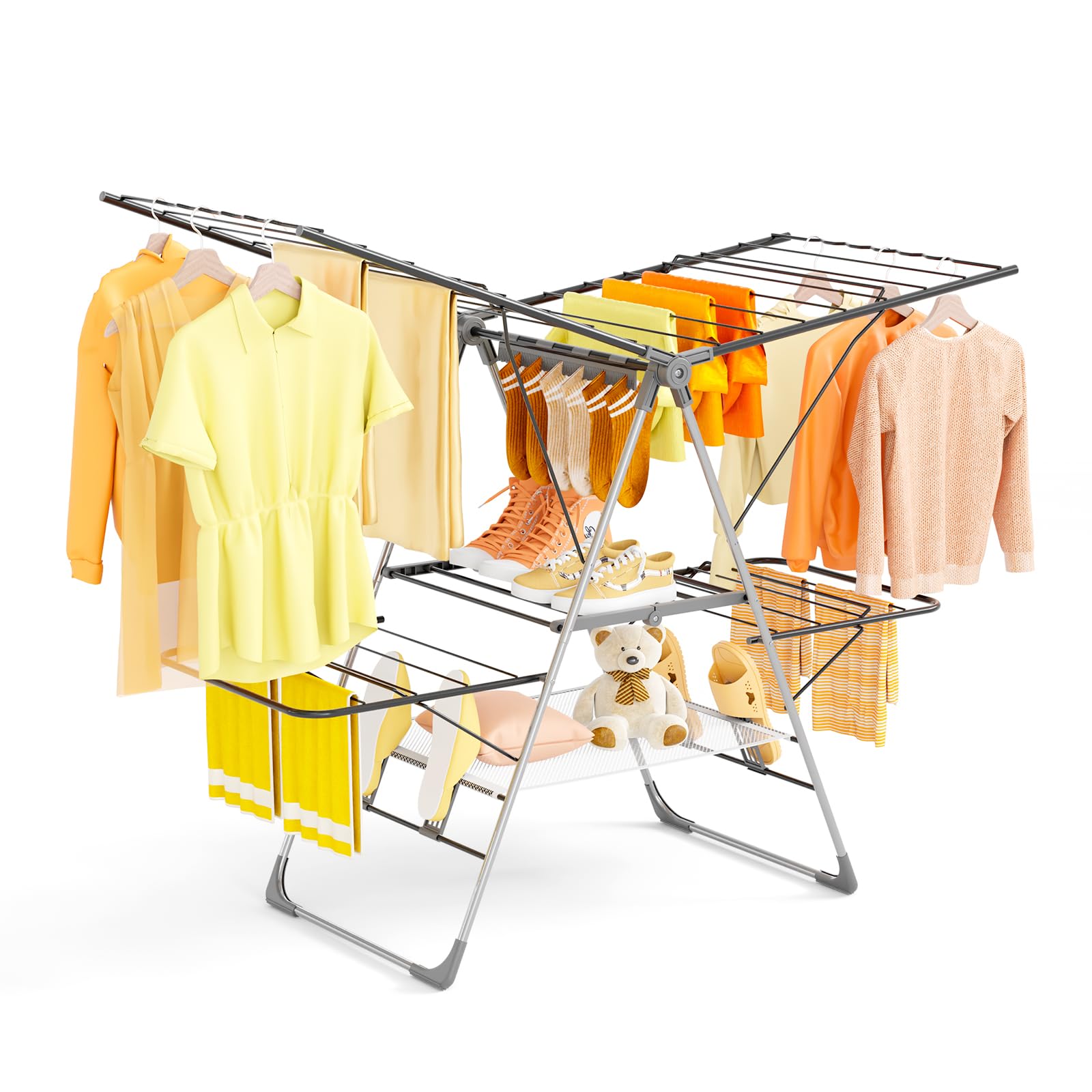Foldable Clothes Drying Rack 2-Tier Stainless Steel Heavy Duty Laundry Rack with Adjustable Height Wings Sock Clips Space