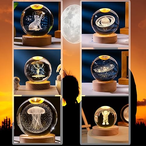 Miniatura 4 de Bola de cristal de astronauta 3D, luz nocturna, decoración de fantasía con base de madera, lámpara de noche holográfica con grabado láser 3D,