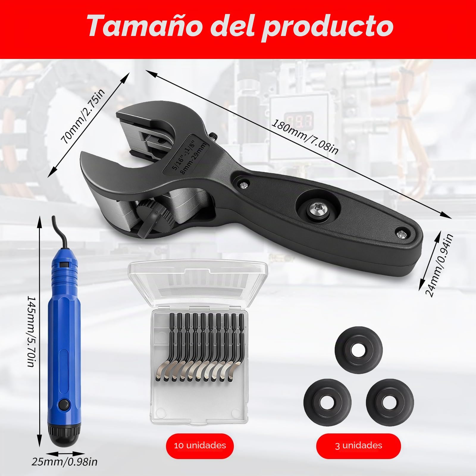 Cortador de tubos de acero inoxidable, cortador de tubos de cobre de 8 a 29 mm, cortador de tubos para acero inoxidable, cobre, PVC, aluminio, con 3 ruedas de repuesto y herramientas de desbarbado