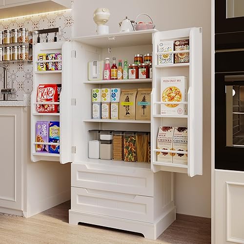 Miniatura 4 de Gizoon Armario de almacenamiento de despensa de cocina de 47 pulgadas con puertas y estantes con cajones, pequeño armario independiente de madera