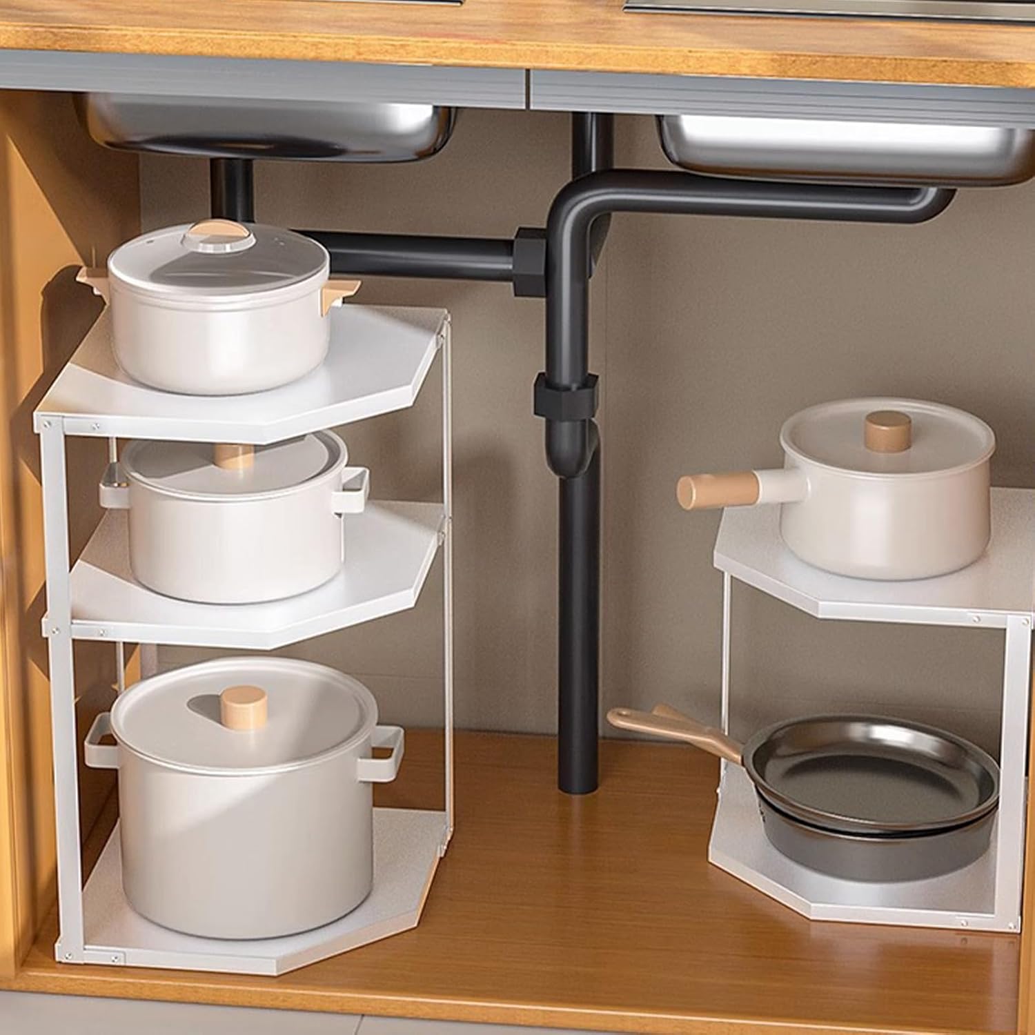 Small Fan-Shaped Kitchen Corner Shelf Space Saving Stable Holder Carbon Steel Kitchen Utensils for Pans and Pans (3 Layers White)