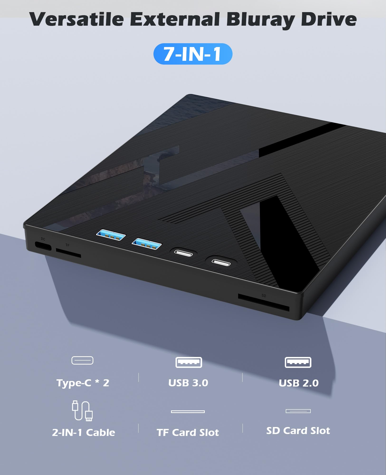 Lecteur Blu-ray externe 7 en 1, Blueray/DVD externe pour PC avec port SD/TF, lecteur Blu-Ray externe 100 G pour ordinateur portable Windows Linux MacOS (avec étui de transport)