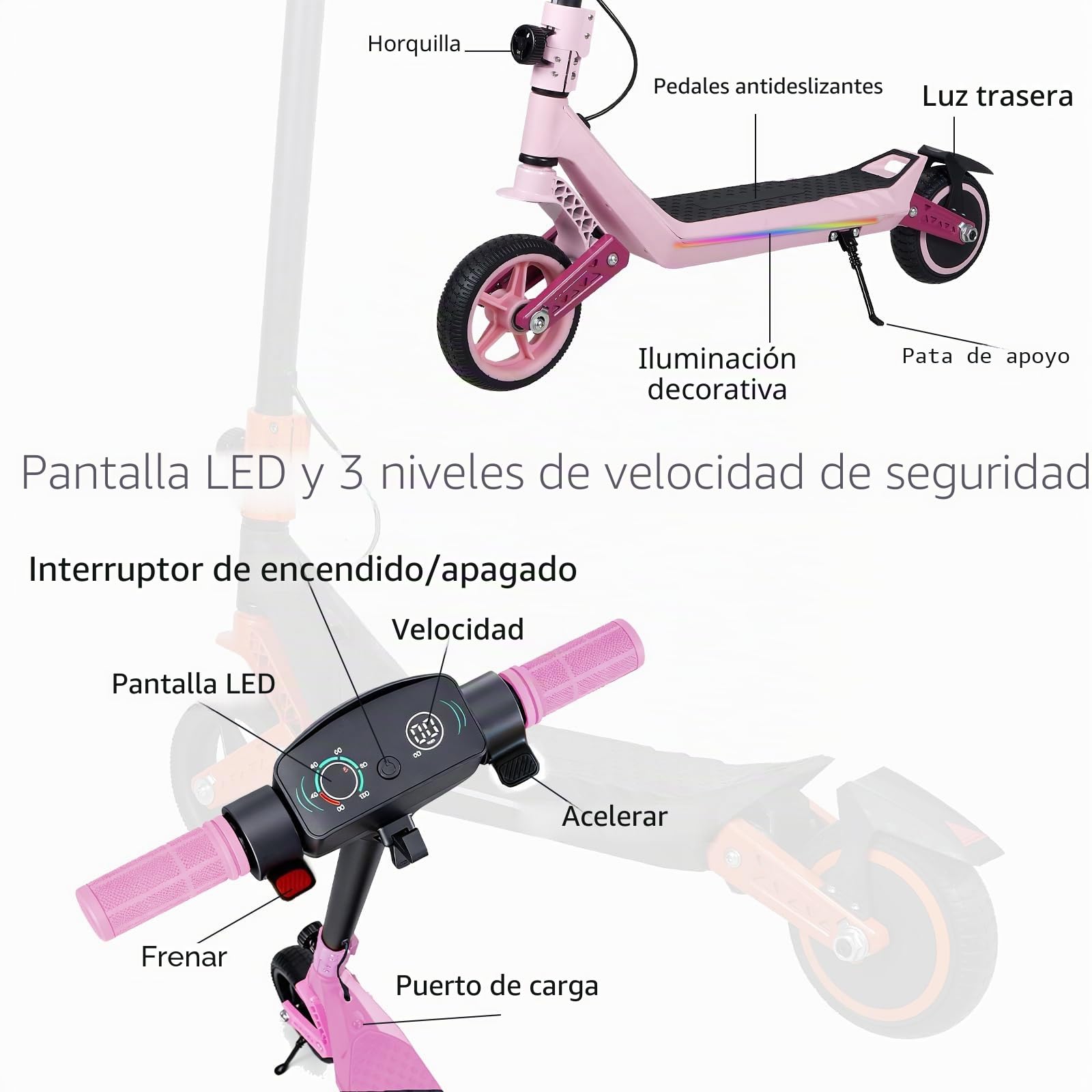 Patinete eléctrico Plegable para niños de 6 a 14 años, Patinete eléctrico Plegable y 3 Luces LED Ajustables, con Luces de Alcance máximo 15/7/6 KM 2/3 Modos (8-16 km/h)