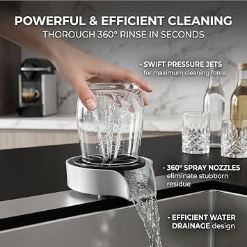 Automatic Glass Rinser for Kitchen Sink, Stainless Steel Cup Washer with G1/2 Thread, Professional Corrosion-Resistant Pressure Glass Washer, ABS Plastic Base