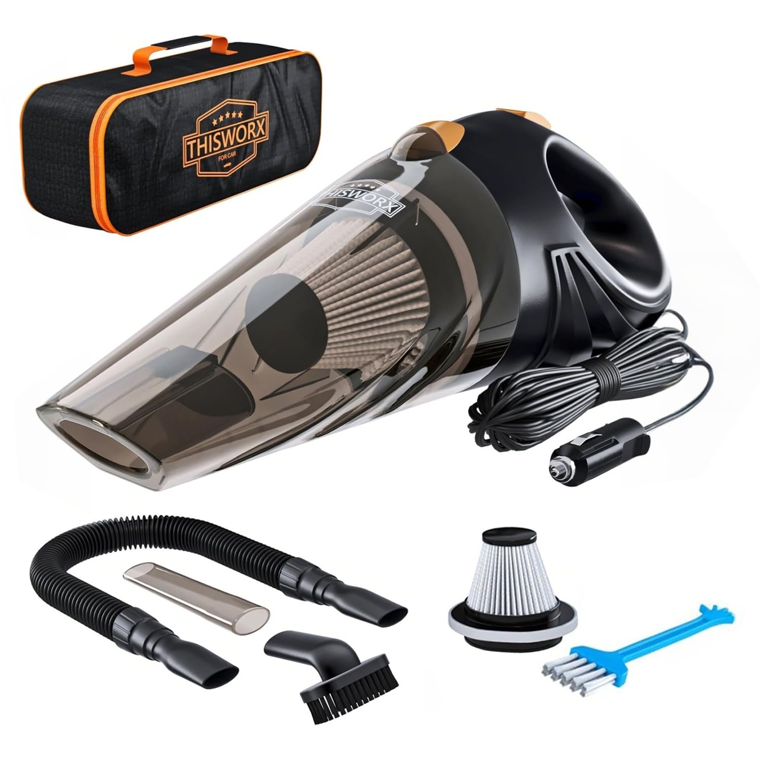 Mini Car Vacuum Cleaner - 12V Aux-Powered 106W Cyclonic Suction HEPA Filter 3 Attachments & 16ft Cord Compact 2.4lbs Design for Truck/Car Interior Cleaning