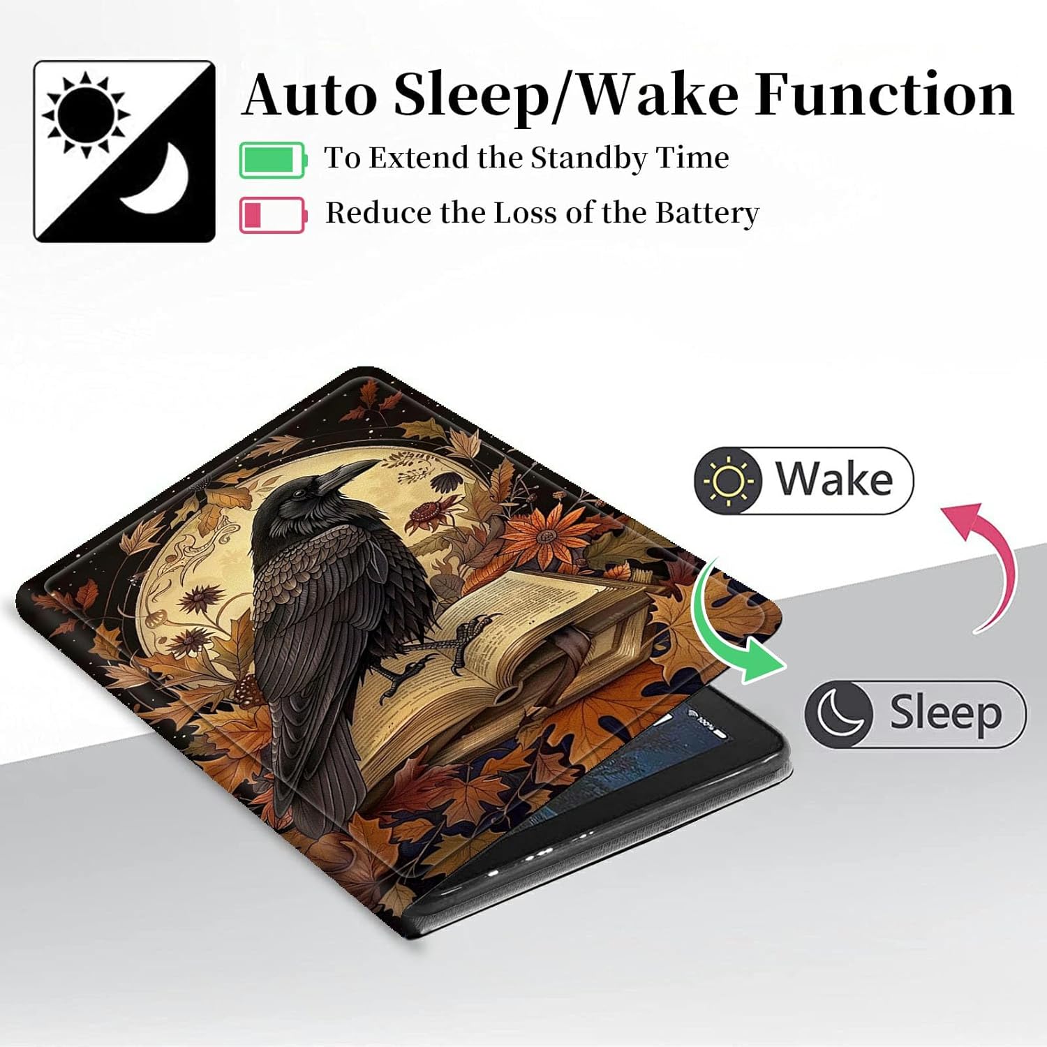 Case for Kindle Paperwhite 12th Generation 7 Inch (2024) & Kindle Colorsoft Signature Edition 7", Slim Hybrid Multi-Angles Viewing Stand Cover w/Auto Wake/Sleep-Raven Perched on a Book