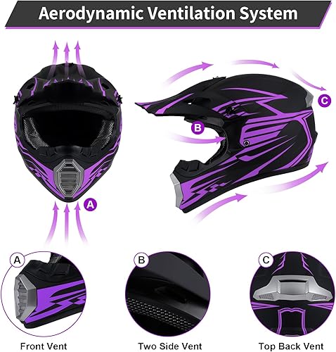 Miniatura 10 de Casco ATV juvenil, casco de motocross para niños, casco unisex con guantes, gafas, protector facial, juego de 4 piezas, buen regalo para familiares