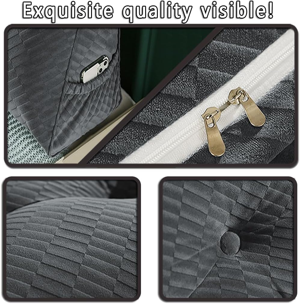 Velvet Triangular Headboard Wedge Pillow with Roll Pillow,Removable Cover Headboard Pillow Daybed Bunk Bed,Backrest Positioning Support Pillow Resting Reading Relaxing (Grey, Small(24 * 20 * 8in))
