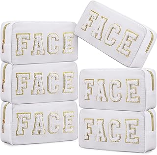6 Pcs Chenille Letter Patches Bag Nylon Preppy Makeup Bag Travel Toiletry Cosmetic Bag Waterproof Cute Makeup Bag Preppy Organizer Make up Pouch for Women Girls (White, Gold,Face)