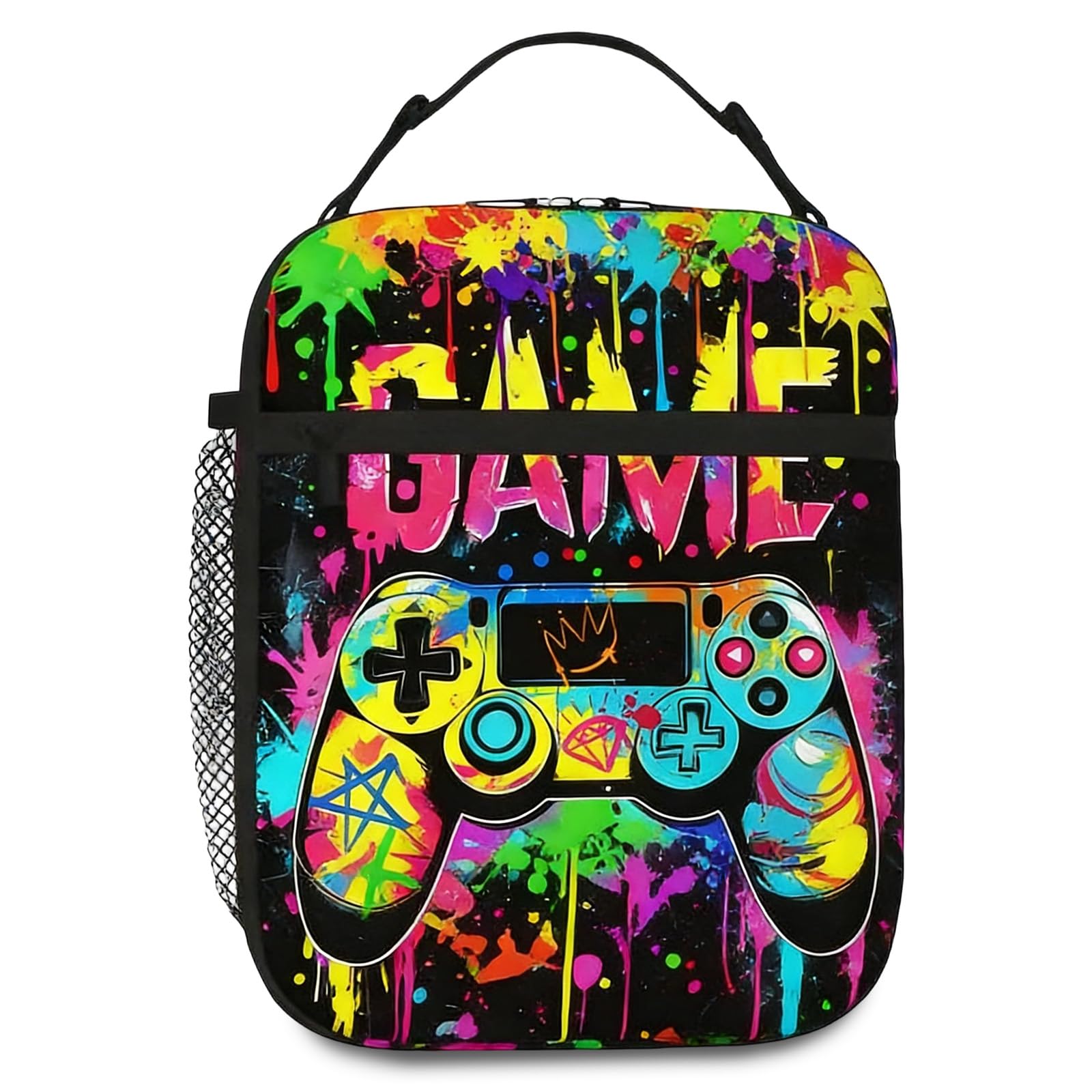 Fakcrkun Game Boys Lunch Bag, Graffiti Style Kids Lunch Box, Reusable and Waterproof Lunchbox for Boys, Insulated Lunchbag with Mesh Bag for School, Travel, Picnic (F)