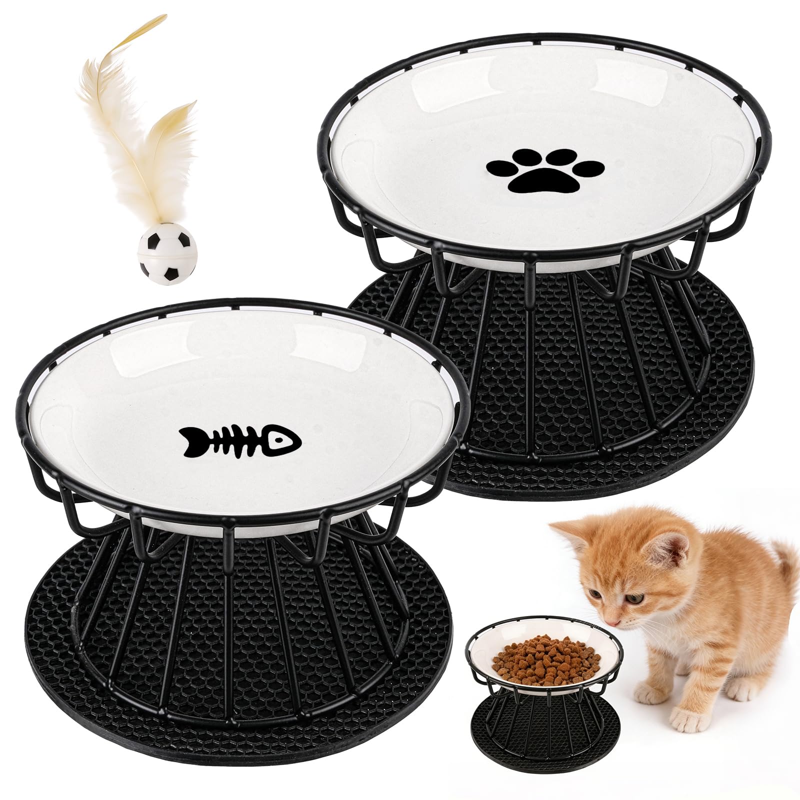 2 Piezas Comedero Gato Elevado Cuenco Cerámica Gato Elevado 10 cm con Soporte y Antideslizante Alfombrilla, Platos para Gatos Elevados para Agua y Comida
