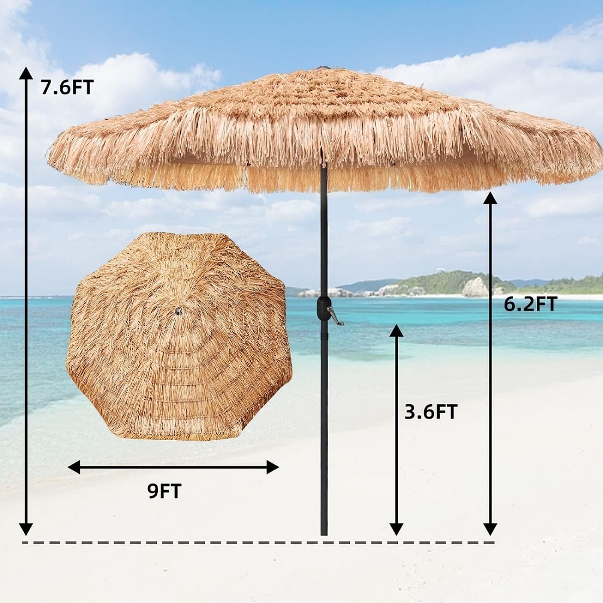 AMMSUN 9ft Hula Thatched Tiki Umbrella Hawaiian Style Beach Patio Umbrella and 8 Ribs with Crank Lift UPF 50+ Outdoor Tiki Bar, Tropical Palapa, Patio Garden Beach Pool Backyard Natural Color