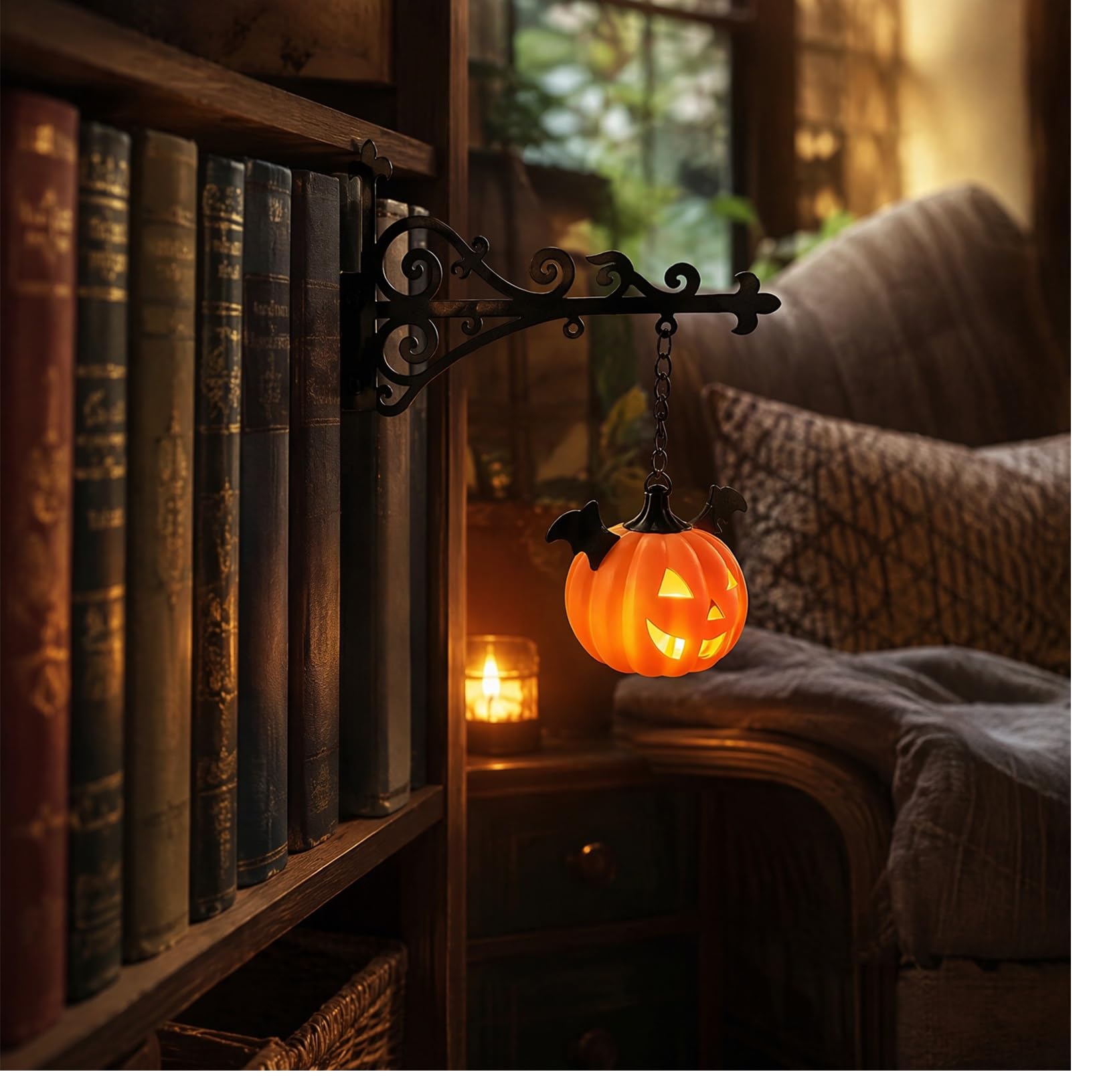 Vintage Ghost Bookshelf Lantern, Warm LED Mini Hanging Nightlight, Portable Reading Lamp, Spooky Halloween Ornament for Shelf & Indoor Tabletop Decor (O)