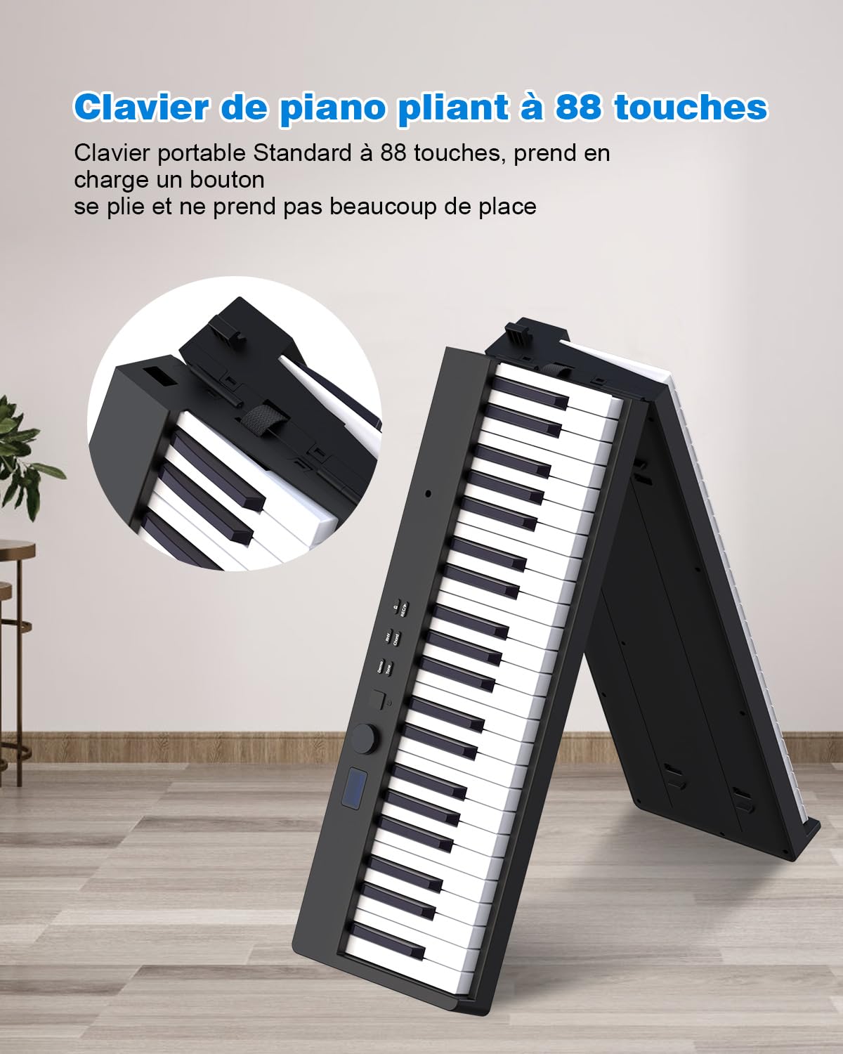 Piano numérique pliable 88 touches, clavier semi-lesté de taille originale, Bluetooth MIDI, piano électrique portable avec pédale de soutien, pupitre et sac de transport pour débutants et